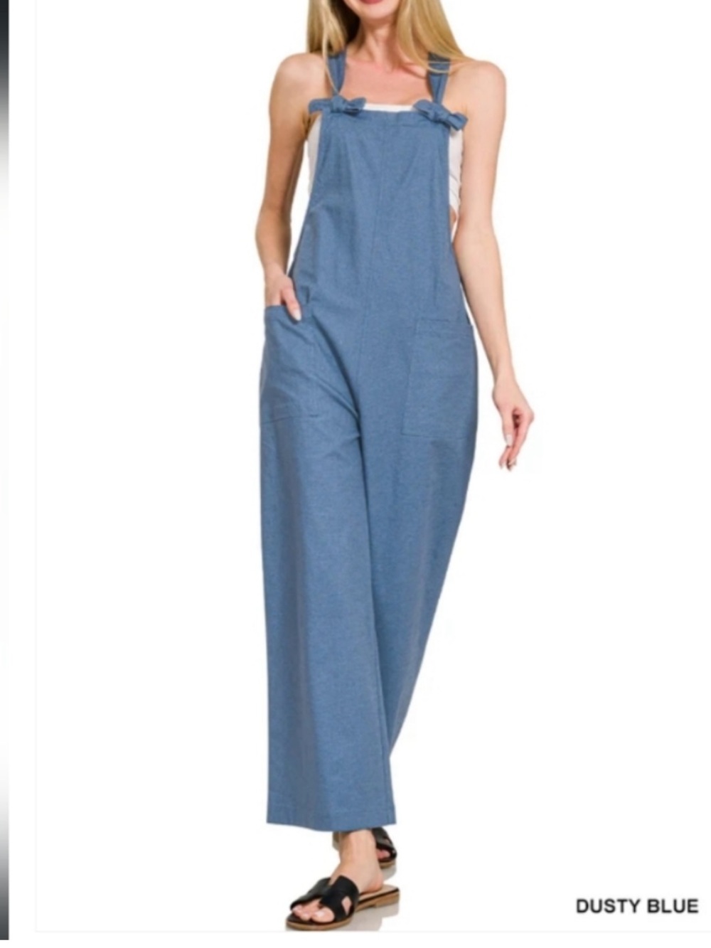 Zenana Woven Knot Strap Stretch Wide Leg Overalls